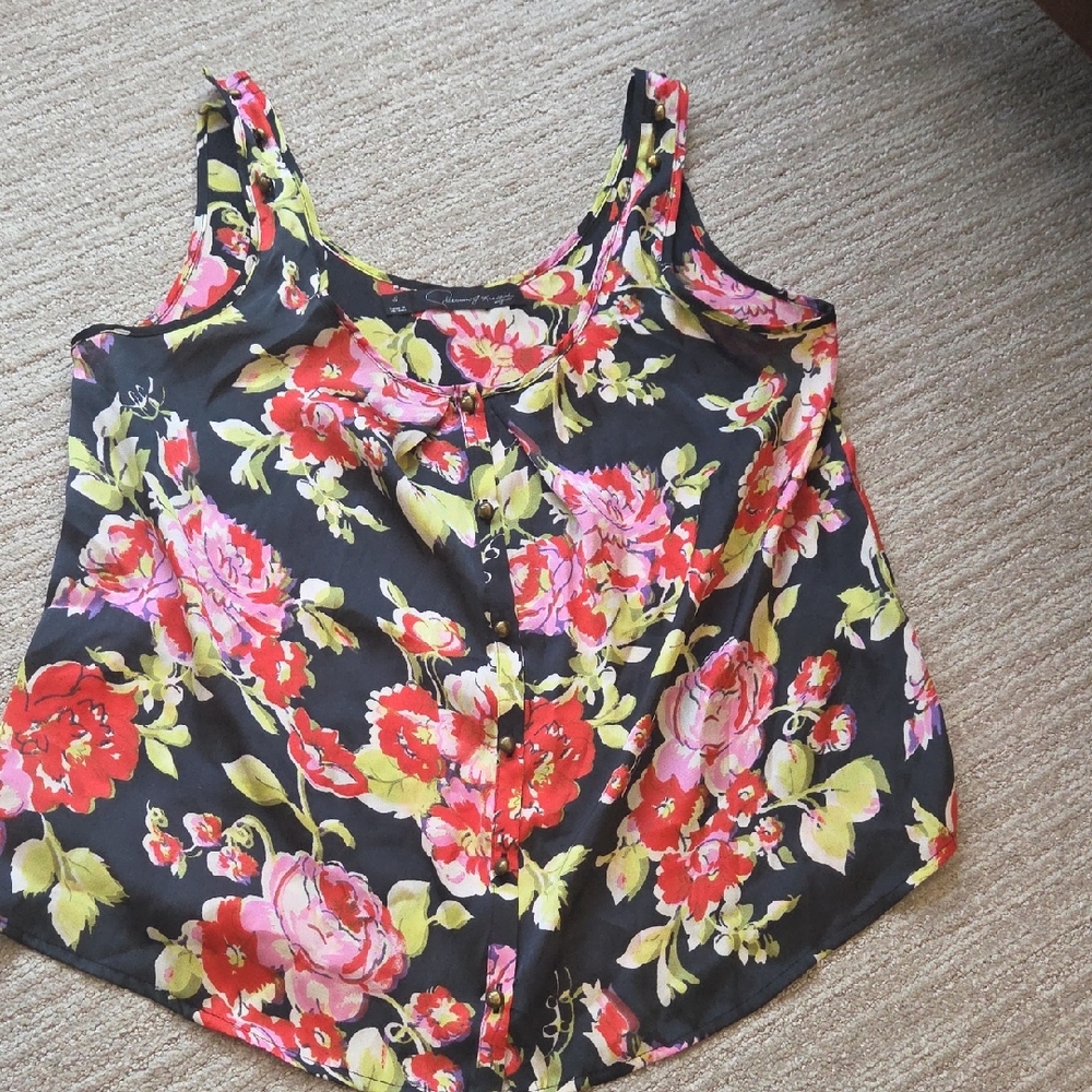 Patterson J. Kincaid Black Floral Button-Front Camisole with Pink & Red Blooms
